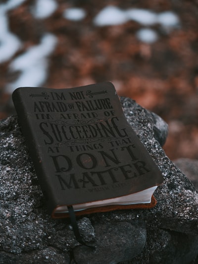 Black and white stone on the dark brown wood board quotation
